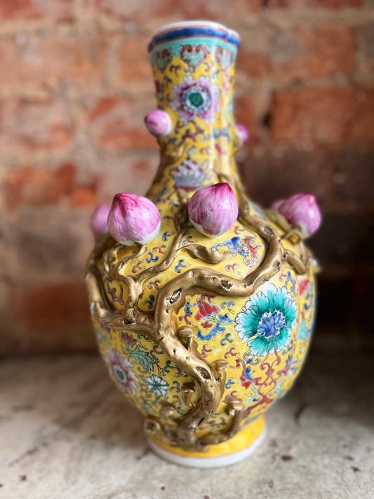 Pair of Chinese Famille Rose Porcelain Vases with Lotus Flower and Vine Decoration