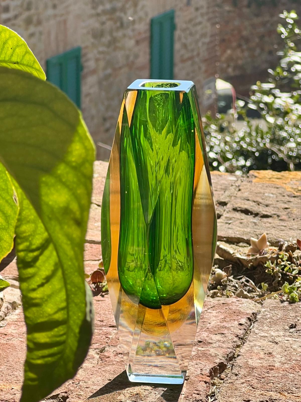 Bucella Cristalli Murano Faceted Green & Amber Sommerso Glass Vase