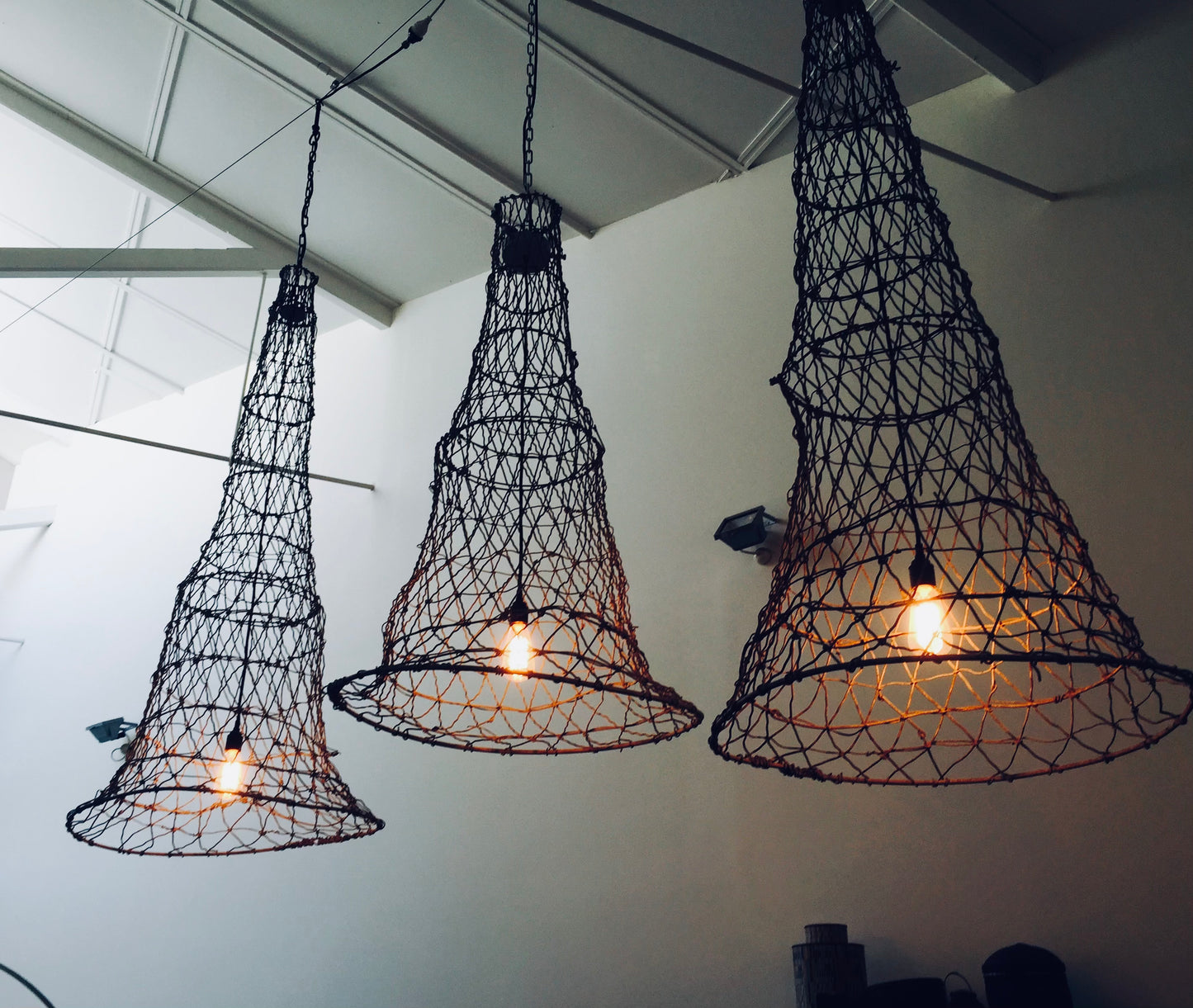 Rare Antique French Wire Fish Trap Pendant Lights | roam. Global Treasures