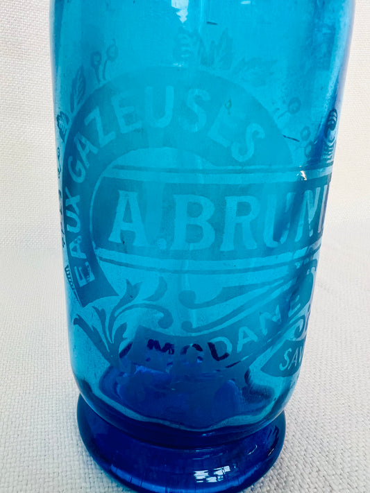 Blue French glass soda siphon bottle with a silver lid | roam. Global Treasures