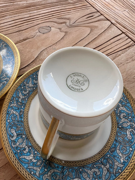 French Limoge Espresso Cup by A. Vignaud with blue and white laurel pattern and gold gilt edge rims | roam. Global Treasures