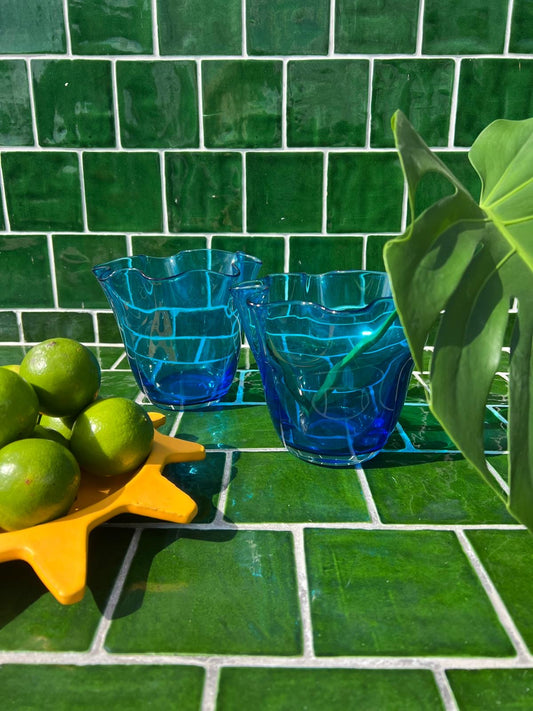 Mid-Century Hand-blown Cobalt Blue Fluted Vases (sold as a pair)
