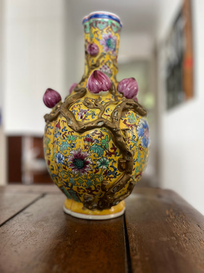 Pair of Chinese Famille Rose Porcelain Vases with Lotus Flower and Vine Decoration