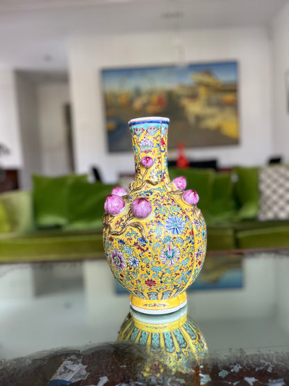 Pair of Chinese Famille Rose Porcelain Vases with Lotus Flower and Vine Decoration