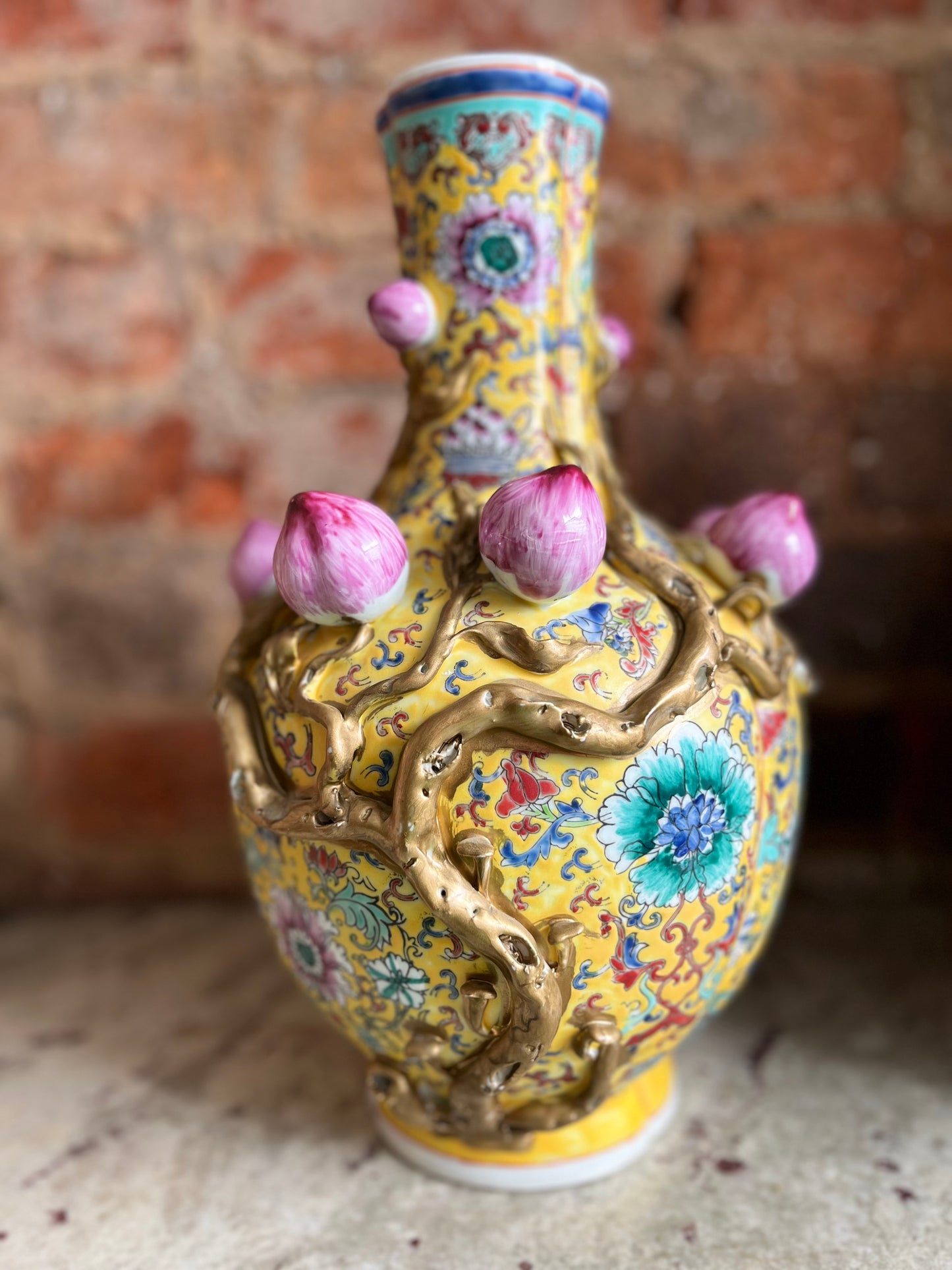 Pair of Chinese Famille Rose Porcelain Vases with Lotus Flower and Vine Decoration