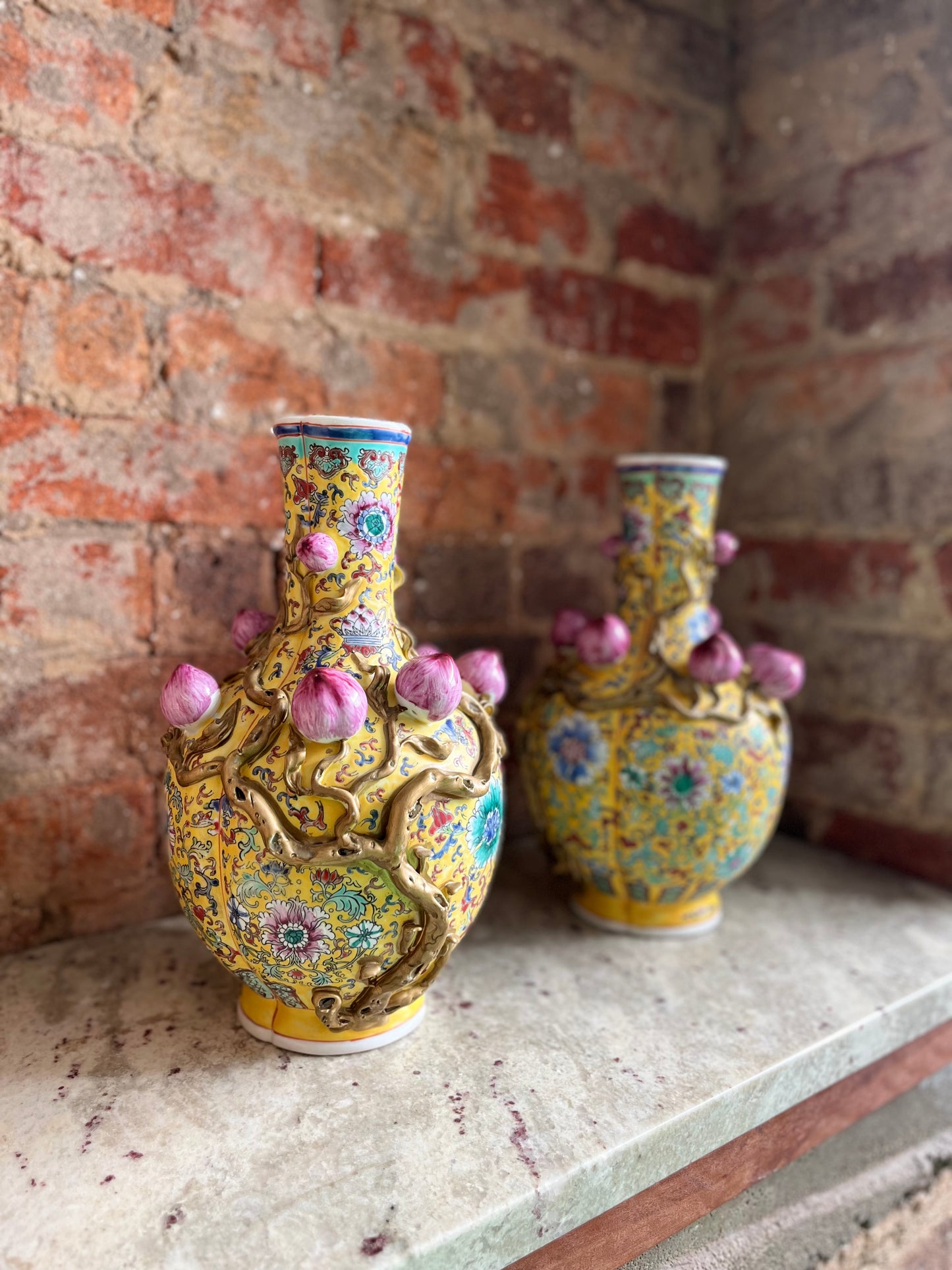 Pair of Chinese Famille Rose Porcelain Vases with Lotus Flower and Vine Decoration
