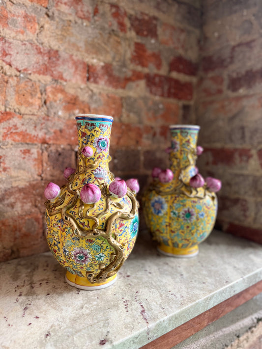 Pair of Chinese Famille Rose Porcelain Vases with Lotus Flower and Vine Decoration