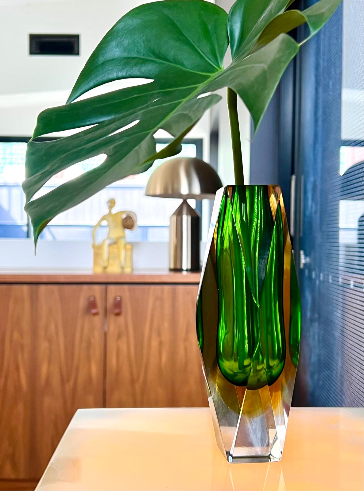 Bucella Cristalli Murano Faceted Green & Amber Sommerso Glass Vase