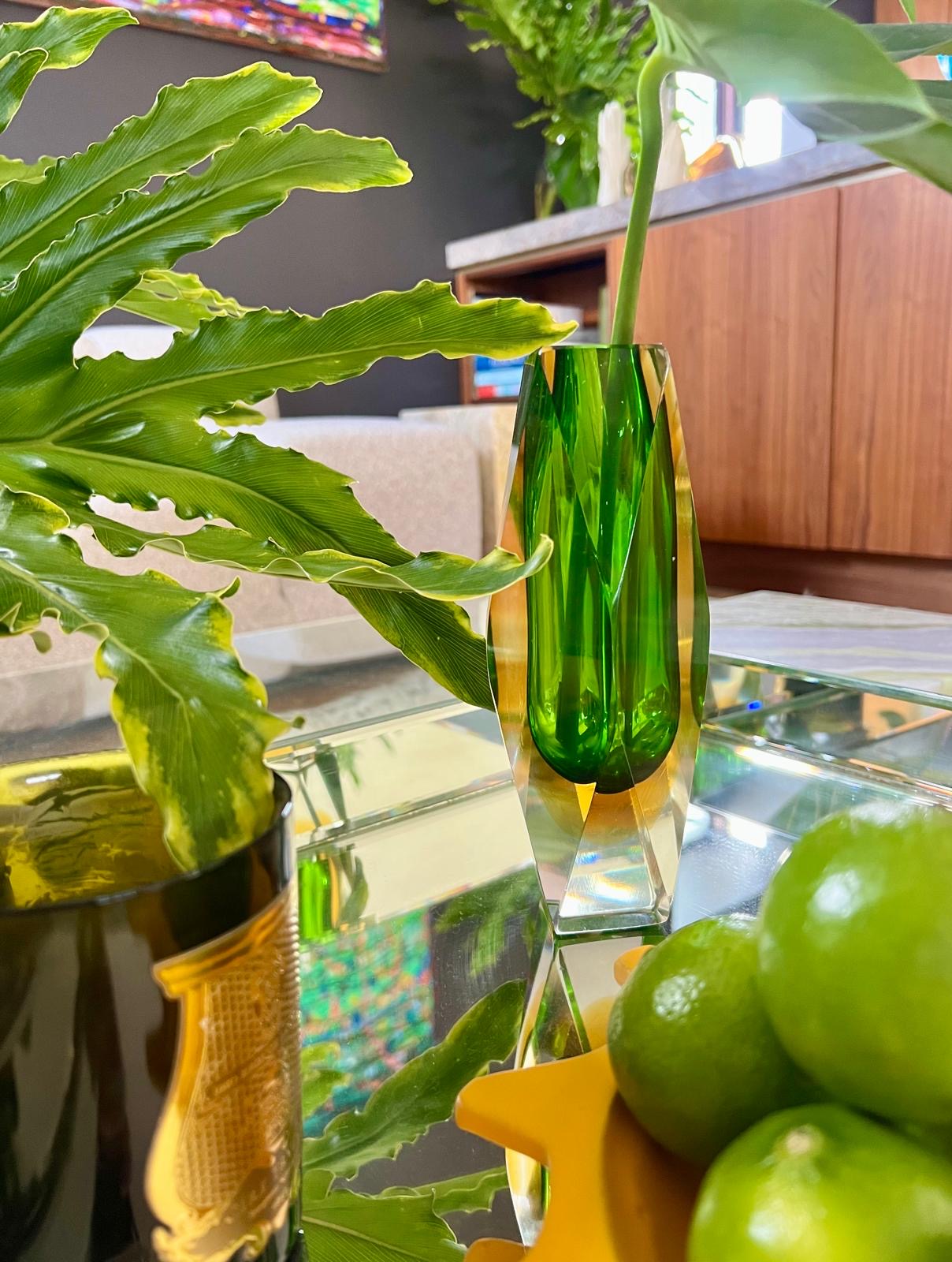 Bucella Cristalli Murano Faceted Green & Amber Sommerso Glass Vase