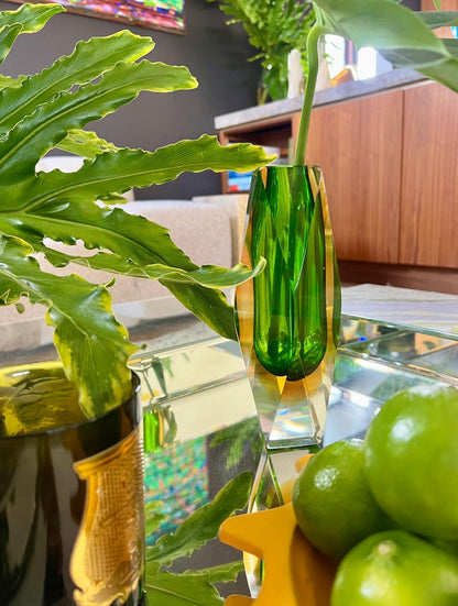 Bucella Cristalli Murano Faceted Green & Amber Sommerso Glass Vase