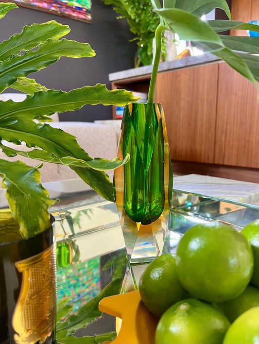 Bucella Cristalli Murano Faceted Green & Amber Sommerso Glass Vase