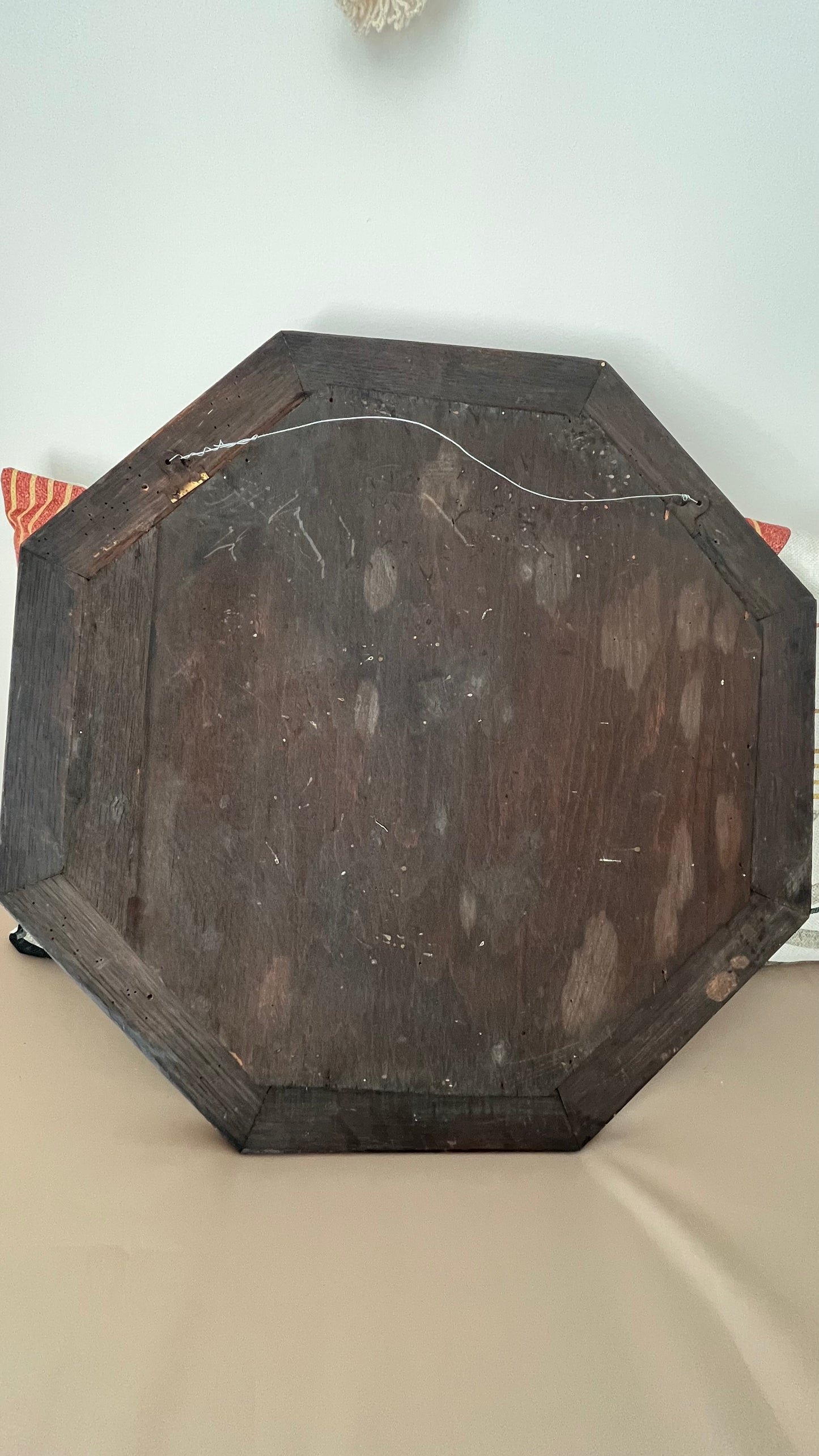 Regency-style octagonal shaped oak wall mirror with carved beaded trim