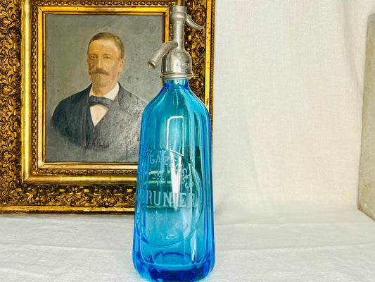 Cobalt blue faceted French Glass Soda Siphon bottle with silver top | roam. Global Treasures