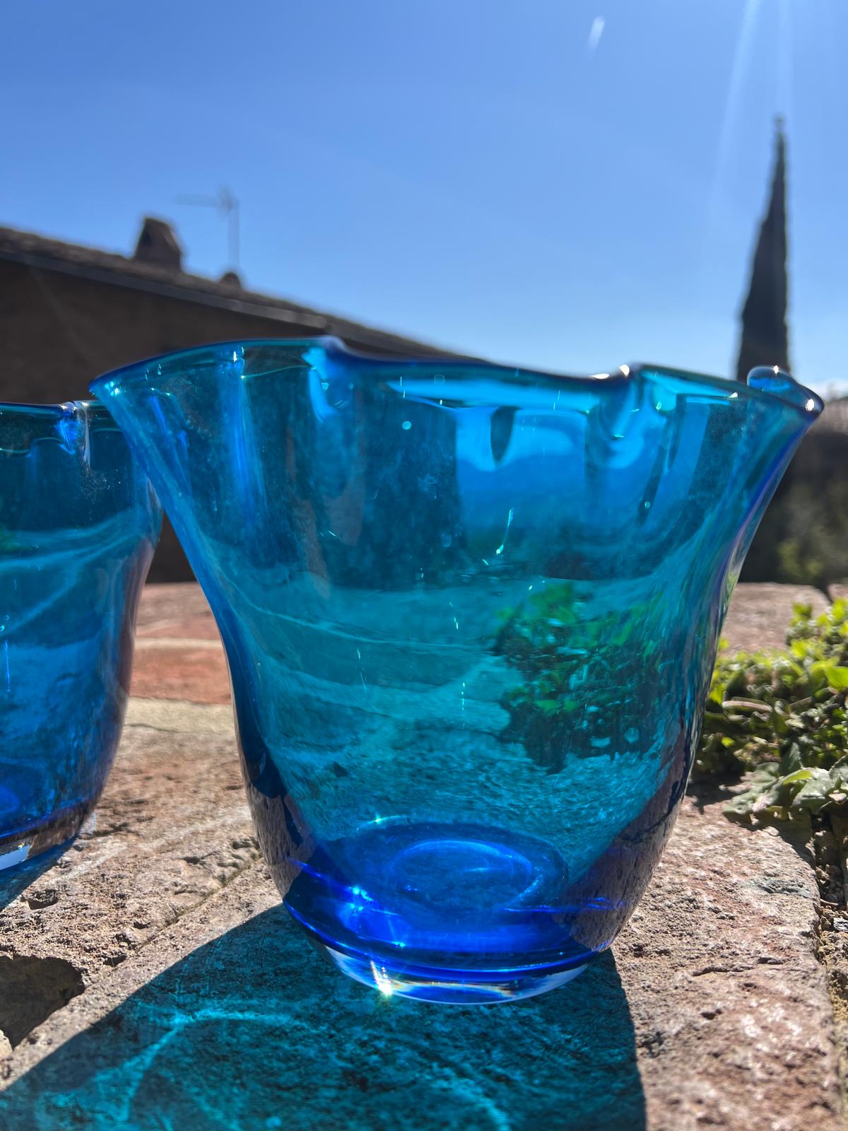 Mid-Century Hand-blown Cobalt Blue Fluted Vases (sold as a pair)