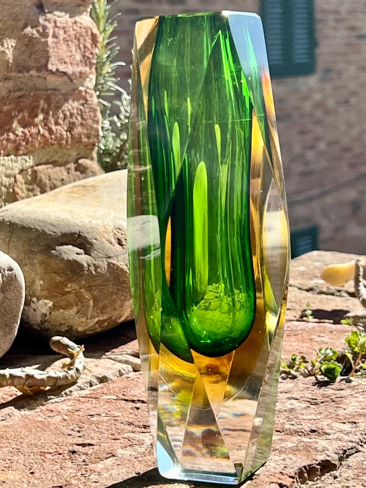 Bucella Cristalli Murano Faceted Green & Amber Sommerso Glass Vase