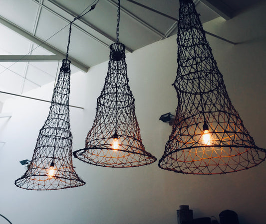 Rare Antique French Wire Fish Trap Pendant Lights | roam. Global Treasures