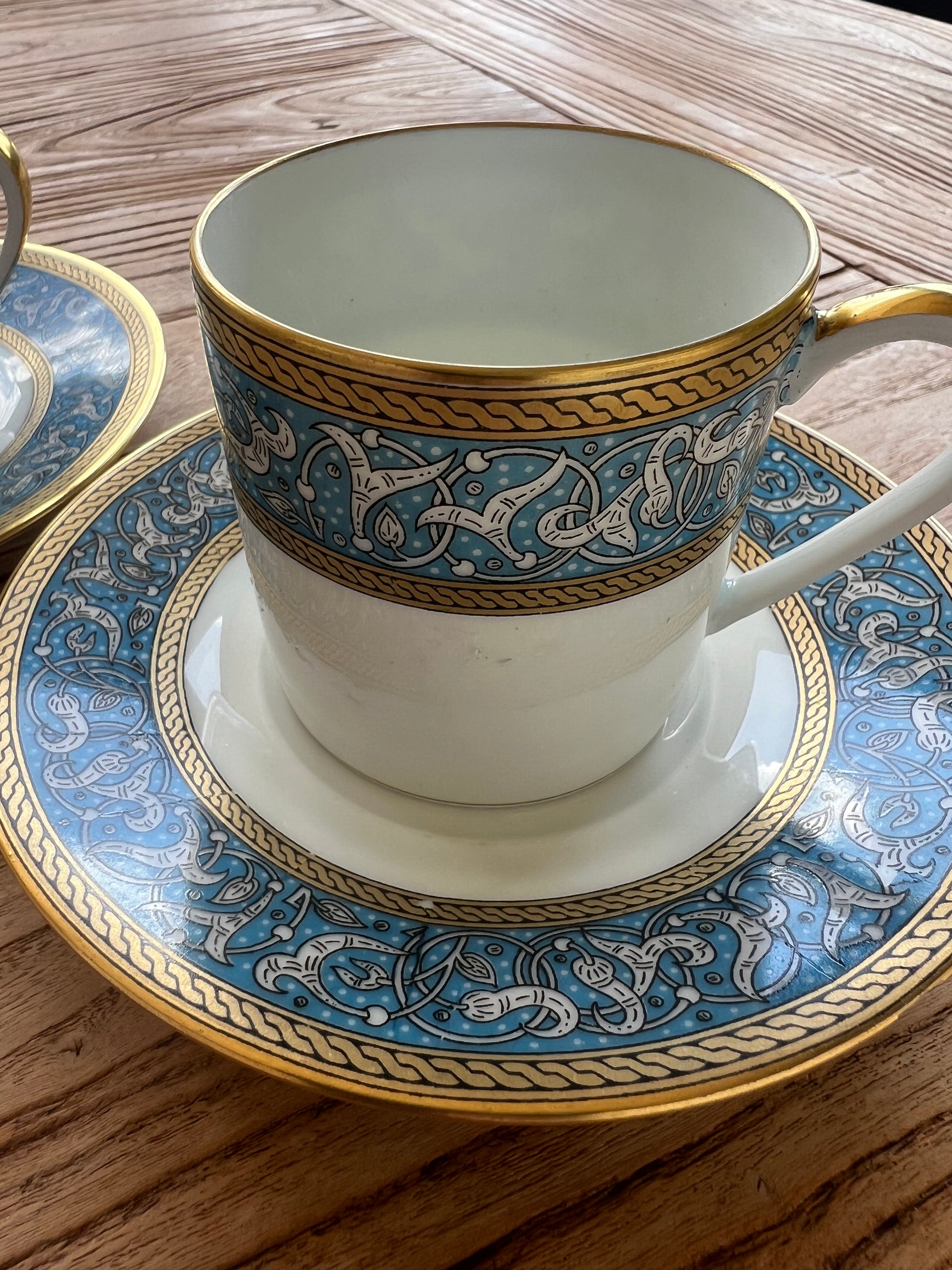 French Limoge Espresso Cup by A. Vignaud with blue and white laurel pattern and gold gilt edge rims | roam. Global Treasures